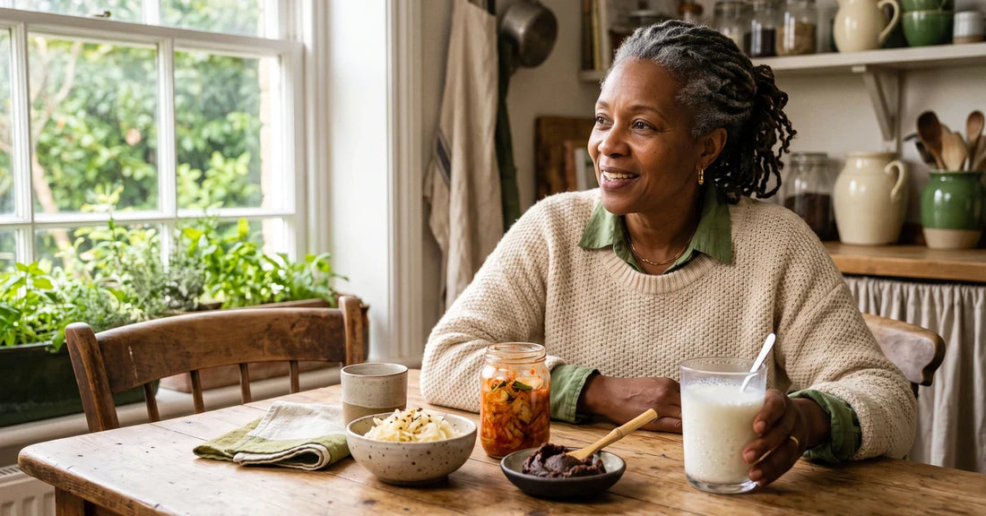 Woman at a kitchen table with fermented foods — 40 billion CFU probiotics explained