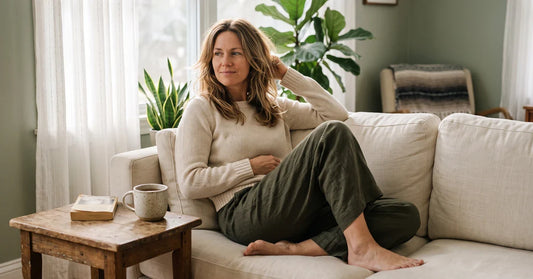 Woman sitting calmly on a sofa with a cup of tea — signs of gut microbiome imbalance