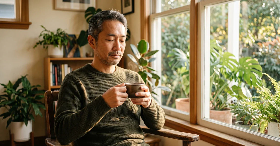 Man resting quietly with tea by a window — ashwagandha and cortisol