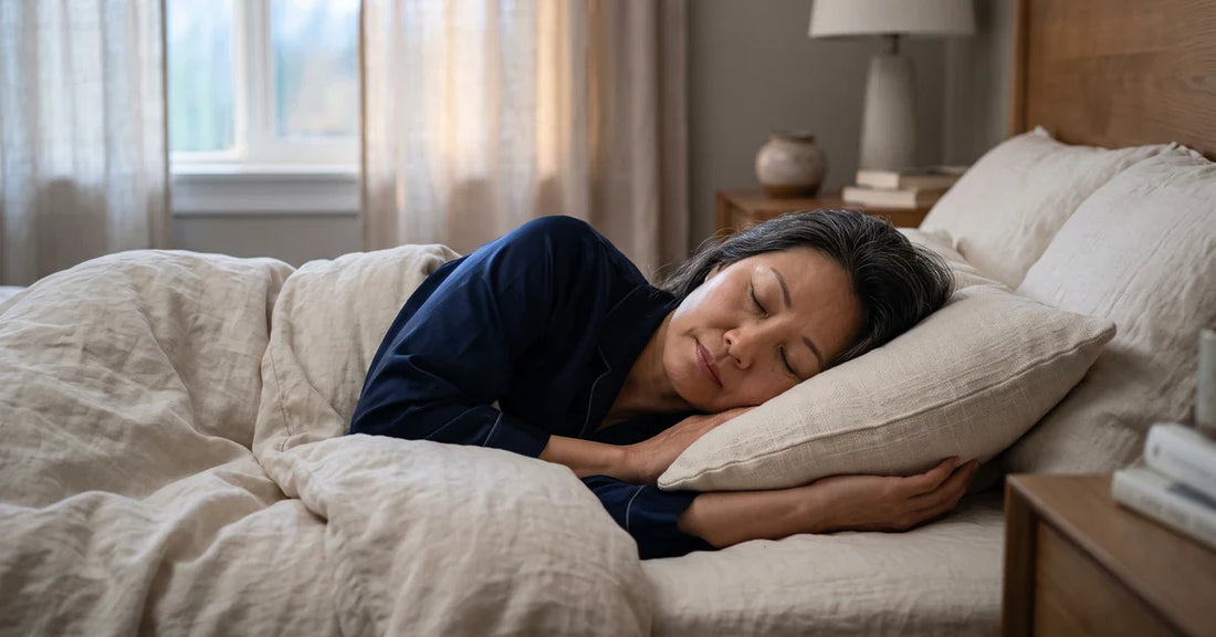 Woman sleeping peacefully in linen bedding at dawn — magnesium glycinate and sleep