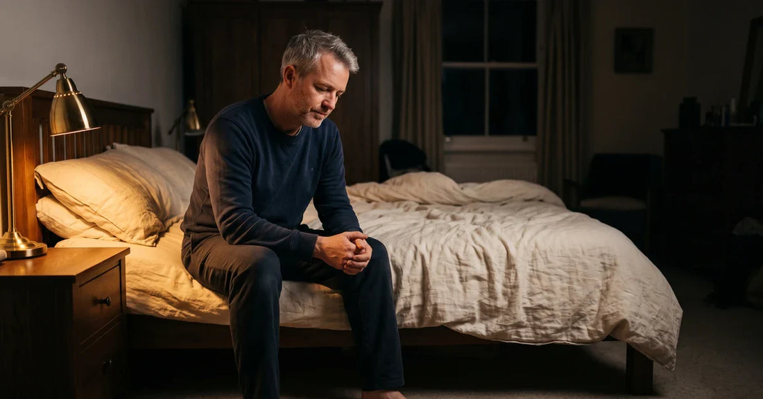 Man winding down on the edge of his bed by lamplight — natural sleep aids without melatonin