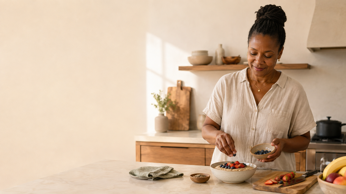 Woman preparing a whole-food breakfast in a bright kitchen